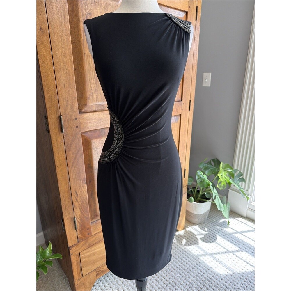Vintage 90s Y2K Cache Bodycon Gun Metal Chains Little Black Dress Size Small